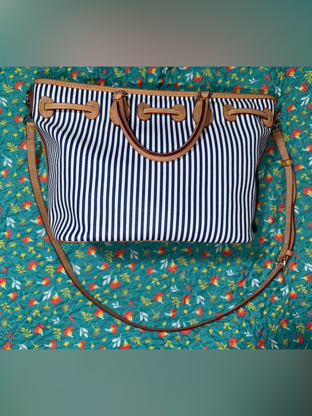 Dooney & Bourke Navy and White Stripe Tote with Tan Trim - Picture 6 of 16